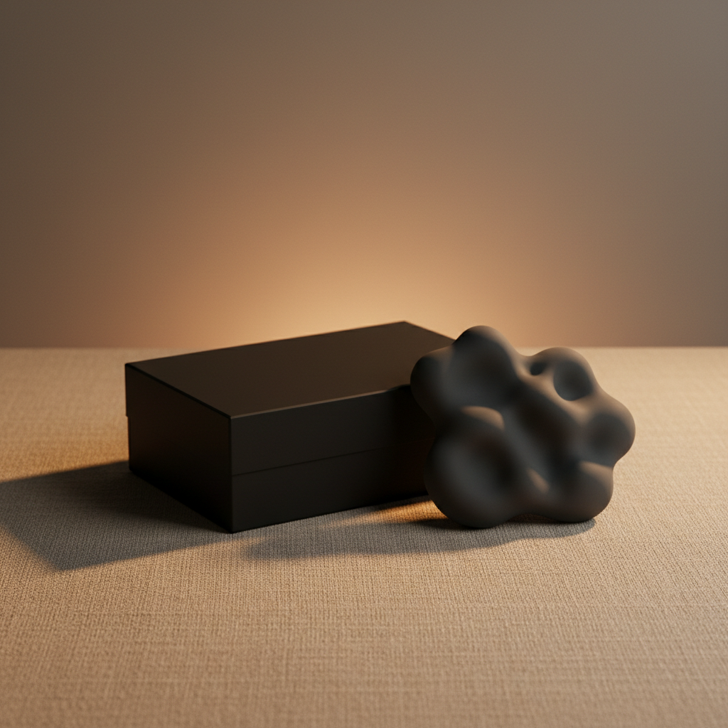discreet matte black packaging with silicone texture sample on warm linen background