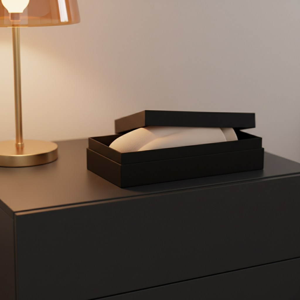 discreet black packaging beside a silicone textured sleeve on a bedside table