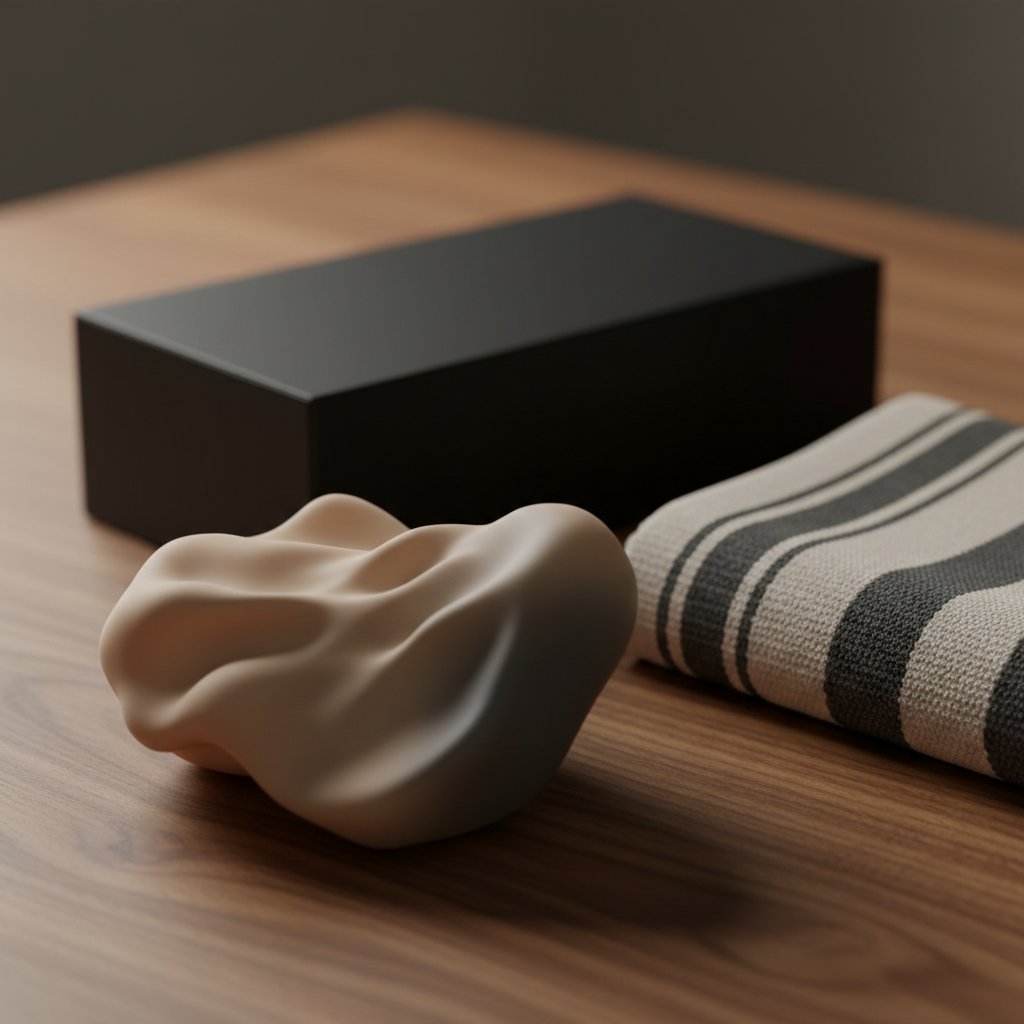 close-up silicone texture with discreet matte box and towel on wooden table
