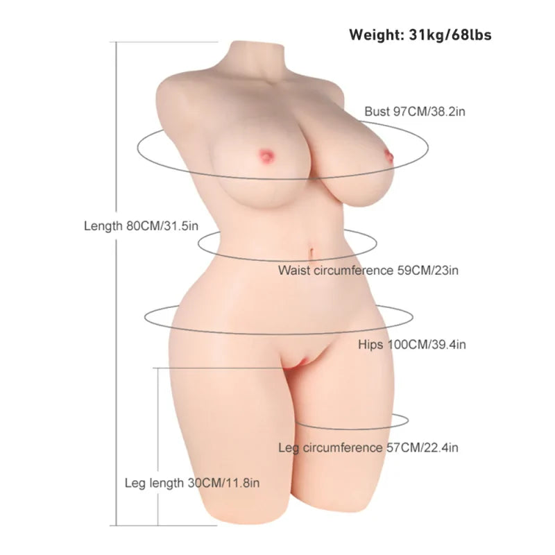 Lauren - 68.34 lbs Super Realistic BBW Silicone Sex Torso with Big Boobs Areola - RealVagina