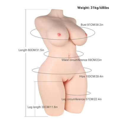 Lauren - 68.34 lbs Super Realistic BBW Silicone Sex Torso with Big Boobs Areola - RealVagina