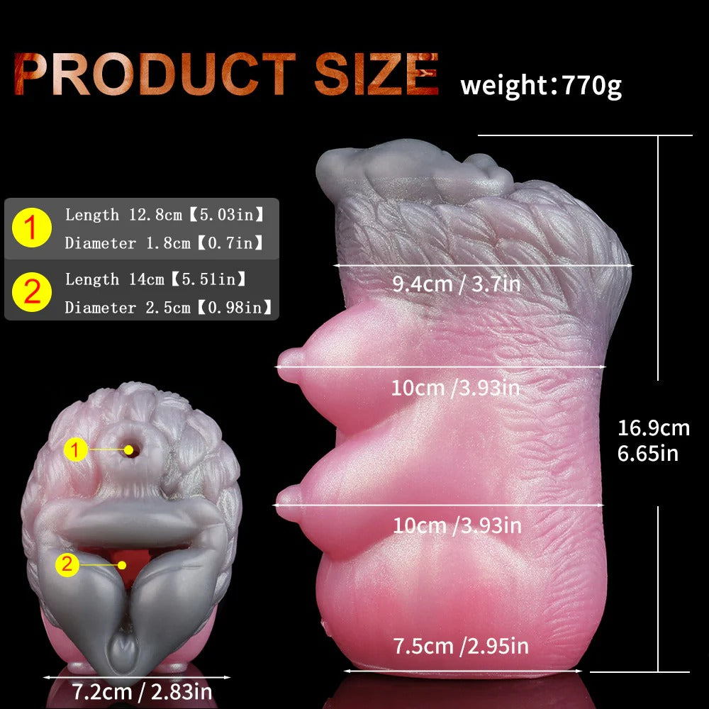 Wolf Beauty Pocket Pussy Male Masturbator - Fantasy Silicone with detailed product size measurements