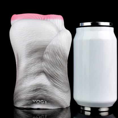 Fantasy Horse Pocket Pussy Male Sex Toy - Pink Vagina Dual Hole with realistic texture next to a standard can for size