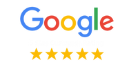 Google logo with five yellow stars below, indicating top rating