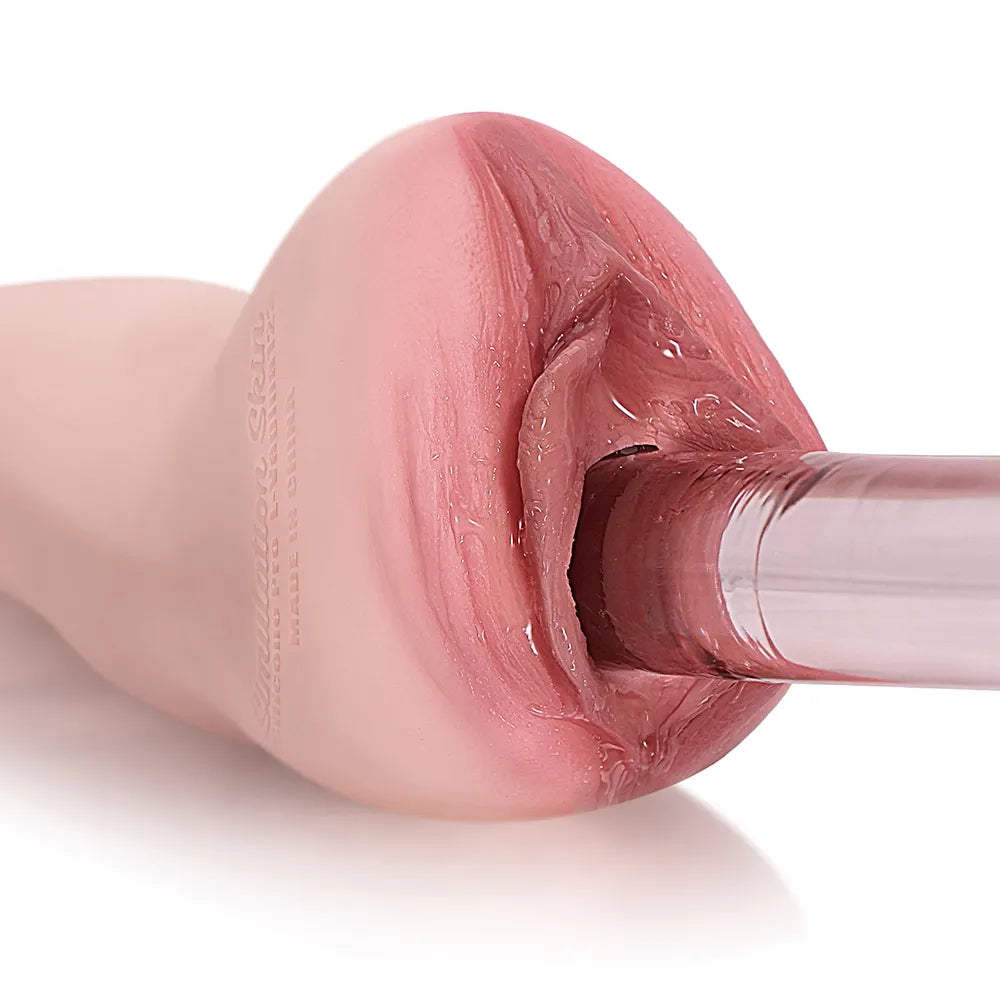 Close-up of a realistic silicone vagina masturbator with detailed textures and soft material