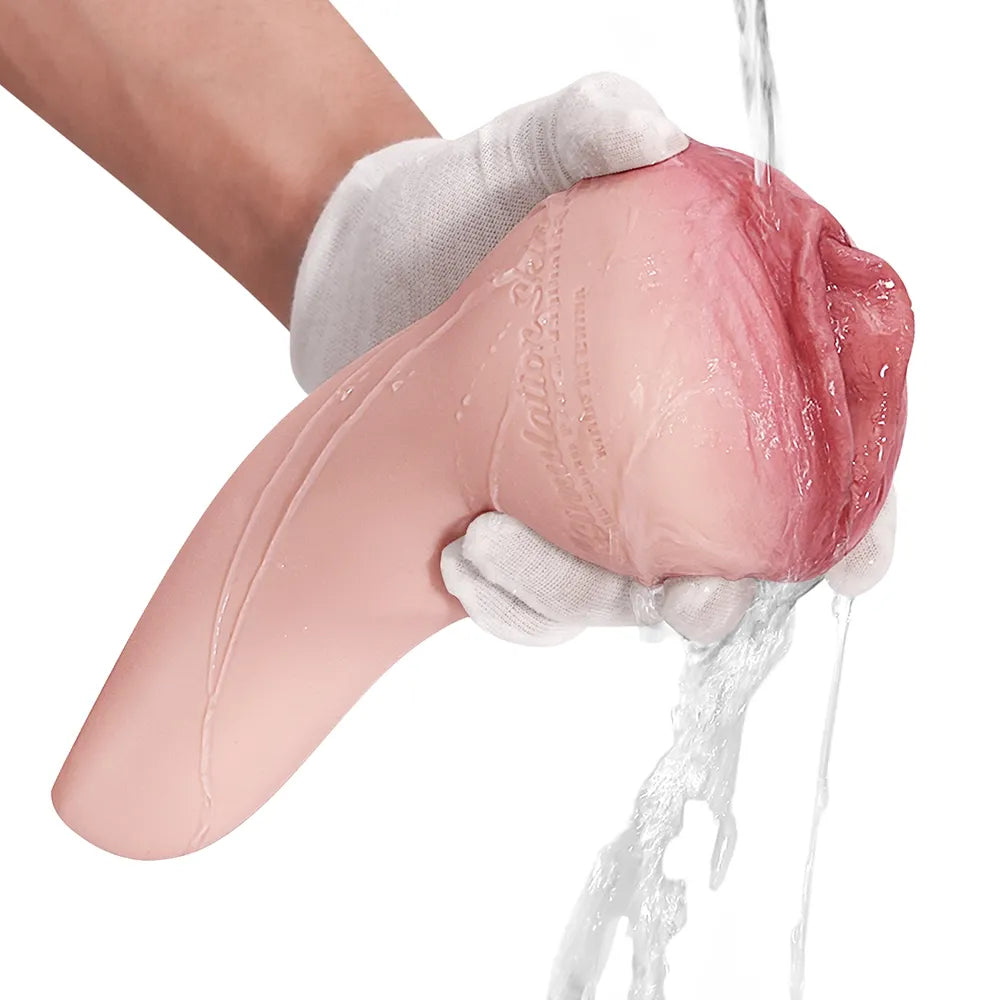 Water-resistant realistic silicone vagina masturbator held in hand, showcasing lifelike texture and design