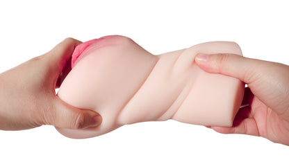 Realvagina P7001 1.68lbs Realistic Vagina Pocket Pussy Male Sex Toy held in hands, showcasing its lifelike texture and design