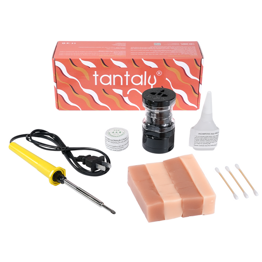 Tantaly Doll Repair Kit with electric iron, TPE glue, discoloration cream, materials, and adapter for easy maintenance and repairs.
